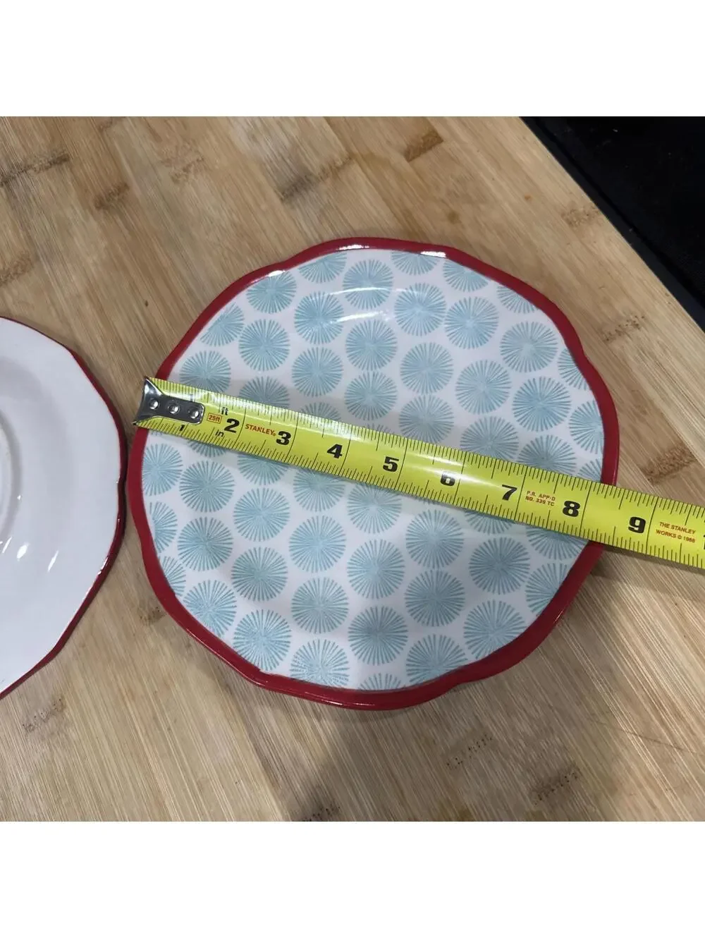 Pioneer Woman Salad Lunch Plates 2 Two Happiness Scallop Teal Dot Red Trim 8.5